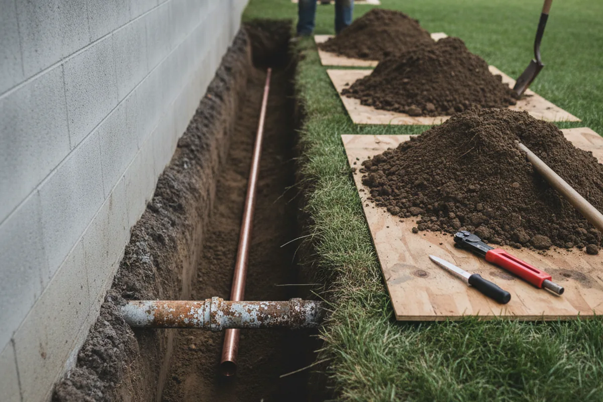 Excavated water line trench during Sewer Line Repair in Chatham